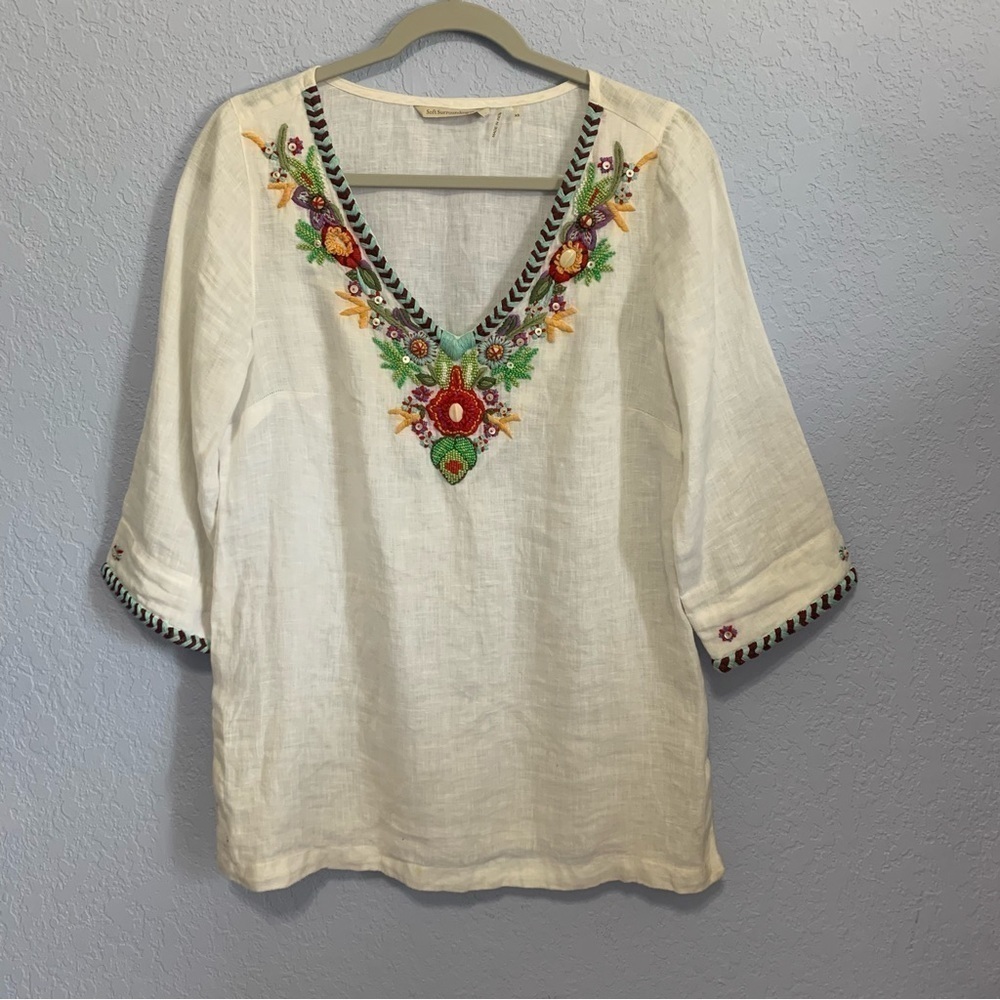 Soft Surroundings Linen Boho Embellished Deep V-neck Pullover Tunic Top